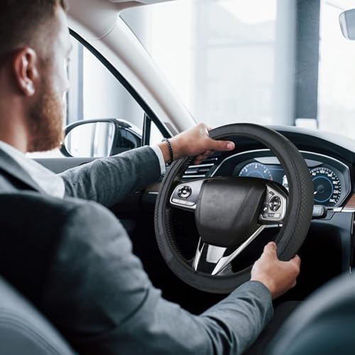 Leather Steering Wheel Covers, Soft Microfiber, Anti-Slip, Breathable, Practical Universal Size 37-38cm (14.5-15in), Comfortable and Durable, Stylish Car Interior Accessory(Black)
