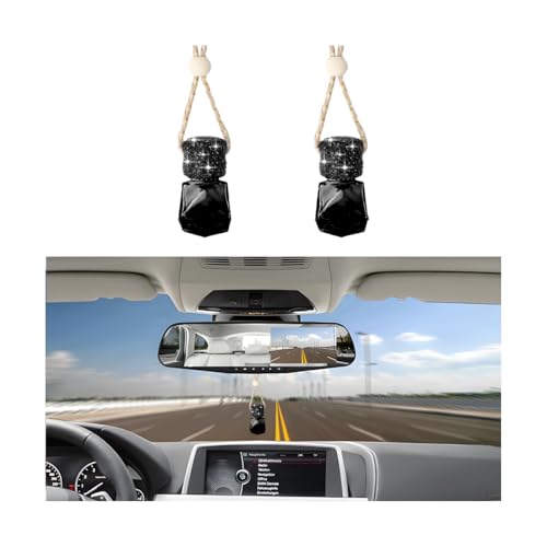 Image of Bling Car Hanging Bottle, 2PCS Crystal Rhinestone Empty Clear Vehicle Essential Diffuser Glass Pendant with Wooden String, Diamond Auto Interior Oil Vase Decor, Universal Fit (Black)