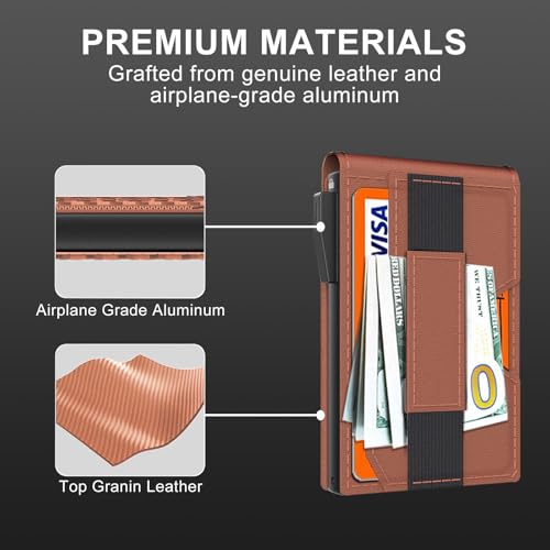 Wallet for Men, Slim Minimalist Mens Wallet 9-12 Cards Holder, RFID Blocking Smart Pop Up Card Wallet with Expandable Backplate, Metal Aluminum Credit Card Holder Bifold Wallet, Brown3