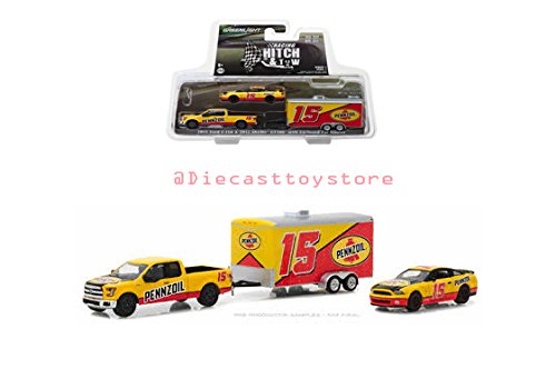 Greenlight New DIECAST Toys CAR 1:64 Racing Hitch & Tow Series 1 - 2015 Ford F-150 & 2012 Shelby GT500 with Enclosed Trailer - PENNZOIL (Yellow/RED) 31050-C