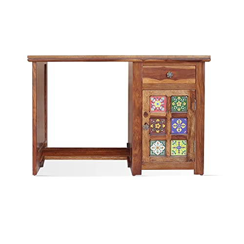 Image of Sheesham Wood Reading Writing Study Table with 1 Drawer & 1 Shleve for Study Room Hall Home | Wooden Computer Laptop Work Station Desk for Library Office Desk Natural Honey Finish