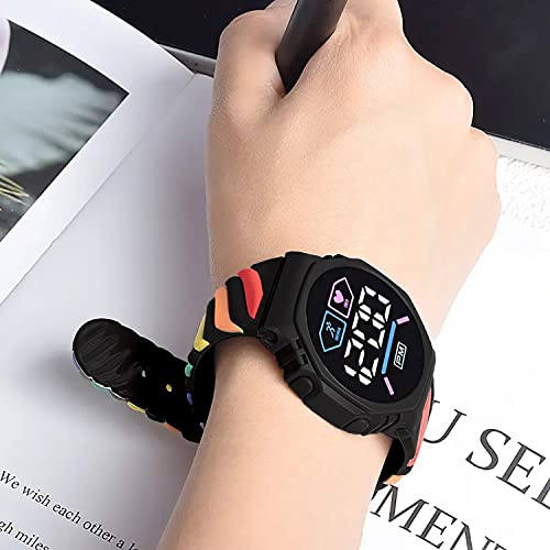 Image of Time Up Digital Dial LED Display Rainbow Strap Fresh Smart Design Medium Size Kids Watch for Boys & Girls (Age 5-15 Years)-YSR-X (Black)