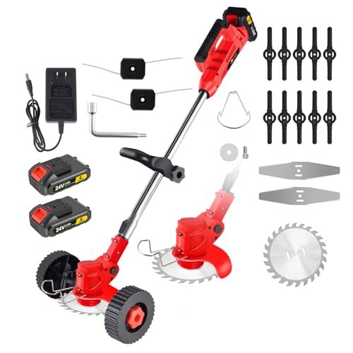 Conentool Grass Strimmer with Metal Blade, Garden trimmer with 2 Removable Wheels, Cordless Lawn Mower with 2 * 2000 MAH Lithium Batteries, Fast Charger, 90° Bend, Ergonomic