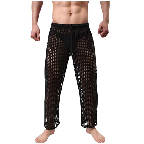 Men's Fishnet Leggings Pants Sexy Mesh Drawstring Pants See Through Stretchy Muscle Lounge Pajama Pants