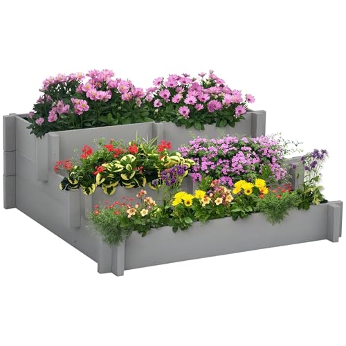 Outsunny 3-Tier Raised Garden Bed with 5 Compartments and Bed Liner Fir Wood Elevated Planter Box for Vegetables Herbs Outdoor Plants 37 x 37 x 14in Gray