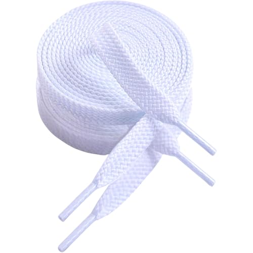 VSUDO 54" Double Layer Weave Flat Shoelaces, 5/16" Wide Flat White Shoe Laces for Sneakers or Athletic Shoes [2 Pairs-White-137CM]