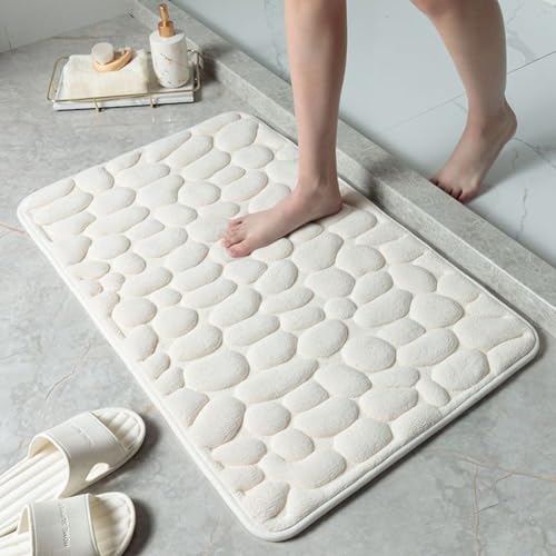 Tapis antidérapant en forme de galets pour salle de bain, tapis doux en mousse à mémoire de forme, absorbant l'eau (blanc laiteux)