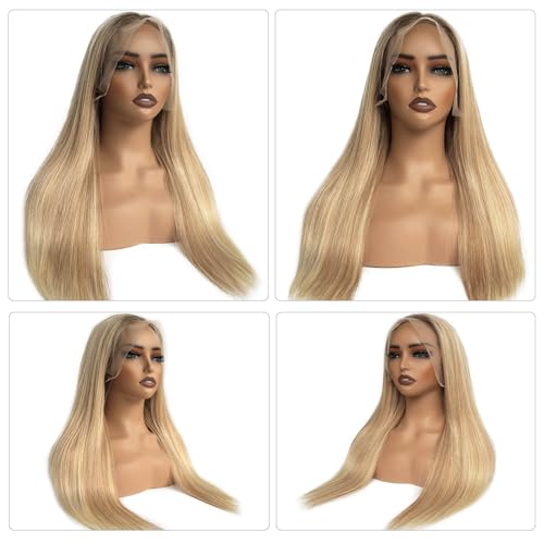 Image of Ombre Golden Blonde Highlights Lace Front Wig Human Hair for White Women 28 Inch Pre Plucked 13x6 HD Transparent Lace Frontal Human Hair Wig with Brown Roots Straight 180% Density Glueless Wigs