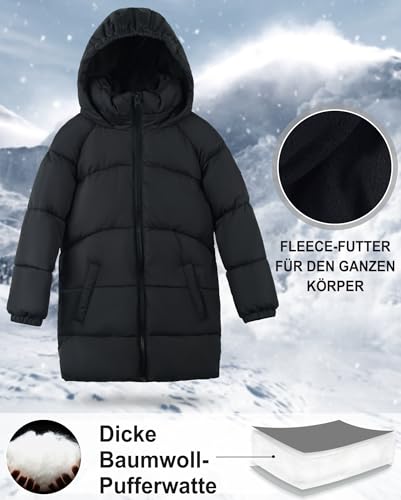 maoo garden Mädchen Winter Langer Puffer Leichter Mantel Dick gepolstert Weiches Fleece Jacke mit Kapuze 817 Schwarz 11-12Y