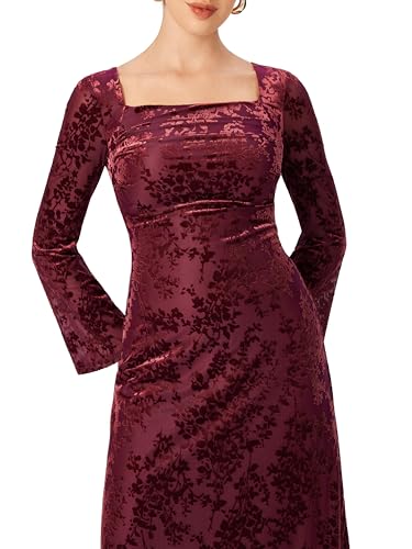 CIDER Womens Velvet Floral Long Sleeve Midi Dress Square Neck Elegant Party Dresses4