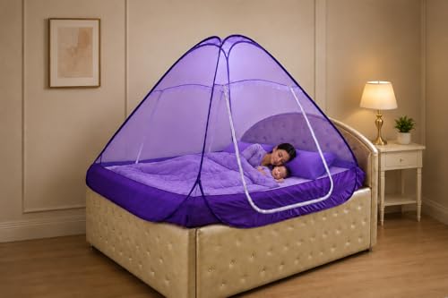Image of Healthy Sleeping Mosquito Net | Double Bed | Supreme King Size Bed | Foldable Machardani with 2 Side Zipper Opening | Strong 30GSM Polyester Net | PVC Coated Steel Wire (Violet)
