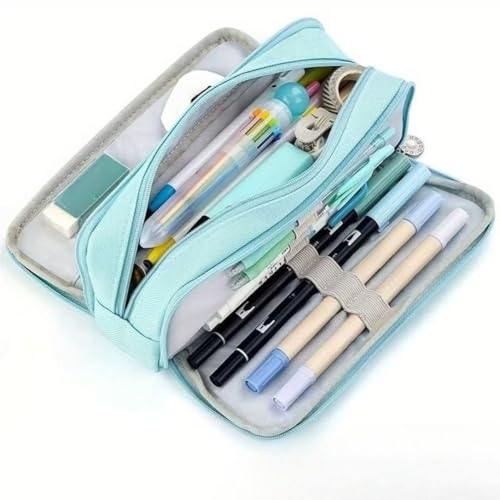 Estojo de lápis com 3 compartimentos com abertura dupla, bolsa moderna, artigos de papelaria de grande capacidade, bolsa para escritório, casa (azul claro)