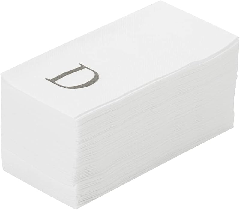 Luxenap Toallas para invitados con tacto de lino de 15,8 x 7,9 pulgadas, 50 toallas de mano con letras - Letra plateada 'D', fuente Sans Serif, servilletas de papel blanco, colocadas con aire, para baños y mesas - Restaurantware