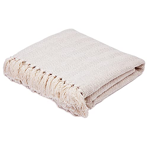 Americanflat 100% Cotton Throw Blanket For Couch - 50X60 - All Seasons Neutral Lightweight Cozy Soft Blankets & Throws For Bed, Sofa Or Chair. Indoor Or Outdoor [Cream Herringbone] #TOP5