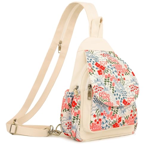 Image of SILKAREA Canvas Sling Backpack Purse for Women Embroidery Travel Multi-purpose Crossbody Backpack Bags Shoulder Bag (Embroidered W)