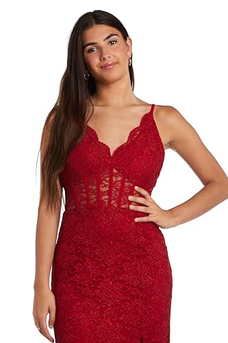 Image of Long Lace Corset Gown W /Illusion Scallop Bodice, Spaghetti Straps & High Slit