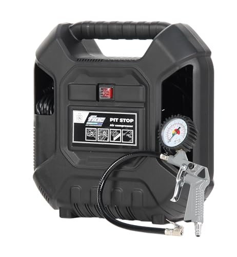 FIAC Pit-Stop Compresor de aire portátil, compresor de aire sin aceite con manguera flexible, manómetro y 6 boquillas, presión máx. 8 bares, potencia 1,5 CV