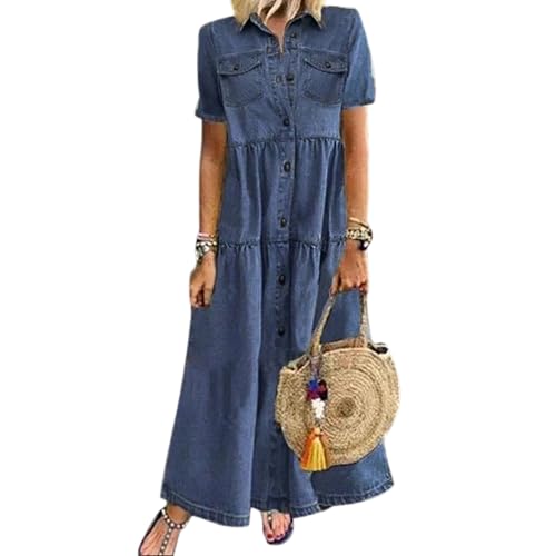 Women's Casual Short Sleeve Denim Maxi Dress Summer Loose Button Down Long Jean Shirt Dresses with Pockets