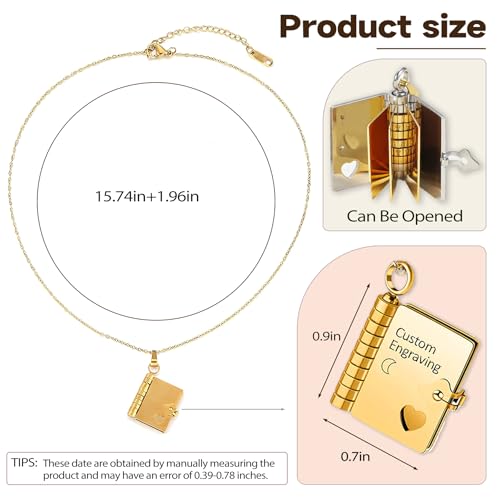 Custom Message Mini Book Pendant, Personalized Couple Book Necklace, My Incredible Daughter Book Necklace, Adjustable Silver 18k Gold Book Necklaces with 6 Pages of Engraved Information2