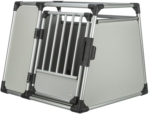 TRIXIE Hunde-Transportbox Aluminium in silber – L: 93 × 64 × 74 cm, stabile und geräuscharme Hundebox mit abgeschrägten Seiten, Sicherheitsverschluss & rutschfester Liegematte – 39344