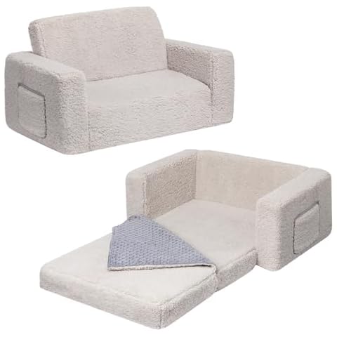 ALIMORDEN Fold Out Toddler Couch, Extra Wide Comfy 2-in-1 Cuddly Sherpa Sofa for Kids, with Removable Baby Friendly Blanket, Convertible Sofa to Bed, Light Grey Cover
