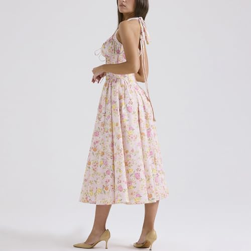 Image of Women Floral Corset Dress Halter Neck Low Cut Bustier Lace Midi Dress Flowy Pleated Hem Long Sundress with Pockets