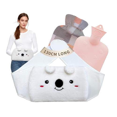 Wärmflasche Wärmflaschengürtel 1L 130cm Extra Langer 3 in 1 Koala Wärmflasche gürtel extrem flauschig aus Gummi mit weichem Taillen-Bezug wärmeflasche für Nacken (1000lm 1L koala white)