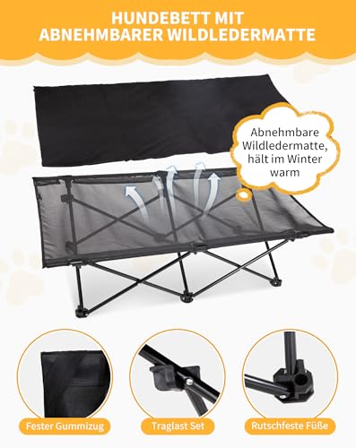 KingCamp Erhöhtes Hundebett Hundeliege Outdoor Haustierbett Haustierliege Atmungsaktivem Mesh & Wildledermatte & Rutschfesten Füßen für Reisen Garten Outdoor Indoor, Schwarz 121 × 68 × 30 cm