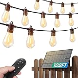 addlon 102FT(96+6) Solar String Lights Outdoor Waterproof with 6W Panel USB Charing & Remote Control Patio Lights Long Last for 20+Hrs Dimmable Solar Power LED Bulbs for Porch Garden Market Bistro