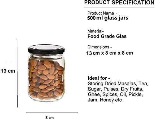Image of PRAMUKH FASHION - Round Glass Jar and Container (500 ml) with Rust Proof Air Tight Black Lid /Suitable to use in Your Home Office, Kitchen Storage /Glass Jars Set of (6)