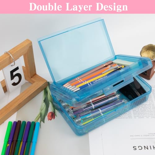 Image of Pencil Case Box, 2 PCS Navy Blue Yellow Double Layer Large Capacity Plastic Pencil Boxs, Clear Hard Pen Case with Snap-tight Lid,Storage Art Craft Box Marker Organizer for Boys Offices School Supplies