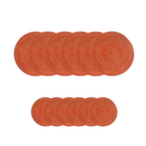 Soulnioi Cotton Place Mats and Coasters, Round Table Placemats, 30cm Heat Resistant Washable, 11cm Coasters - Set of 6 - Orange