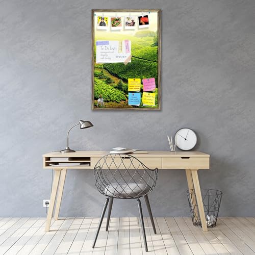 Image of ArtzFolio Tea Plantations, Munnar, Kerala | Bulletin Board Notice Pin Board | Vision Soft Board Combo with Thumb Push Pins & Sticky Notes | Antique Golden Frame | 24 x 36 inch (61 x 91 cms)