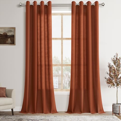 Image of Nanspring Terracotta Linen Curtains 84 Inch Length for Living Room 2 Panels Grommet Top Semi Sheer Light Filtering Luxury Curtain Modern Farmhouse Privacy Solid Drapes for Bedroom Dining Room 52X84