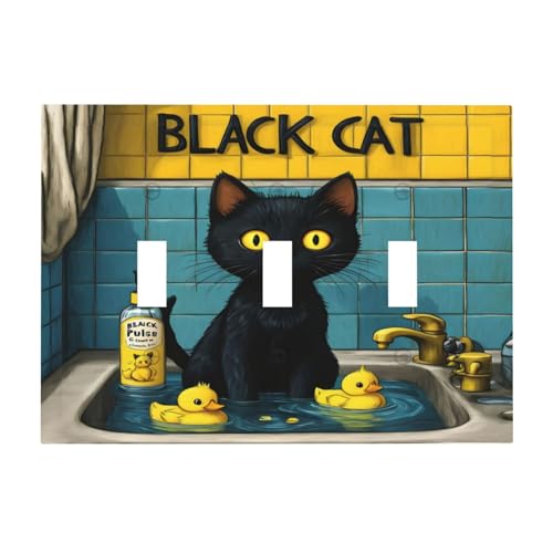 Decorative Light Switch Cover Plate Novelty Black Cat Funny Duck Bath 3 Gang Wall Plate Oversized Triple Toggle Switch Cover Plate Jumbo Faceplate for Bedroom Decor