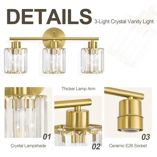 Image of Modern Gold Crystal Bathroom Light Fixtures,3-Light