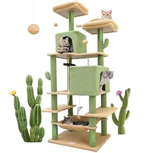 F76 Cactus Cat Tree Tower | 76-Inch Extra Tall Multi-Level Cat Furniture with Cozy Condos,Interactive Toys and Perches for Large Cats | Perfect for Climbing, Scratching, and Play | Green