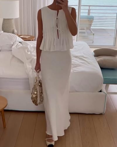 Linen 2 Piece Set: Women's White Tie Front Sleeveless Pleated Top + Loose Maxi Skirt2