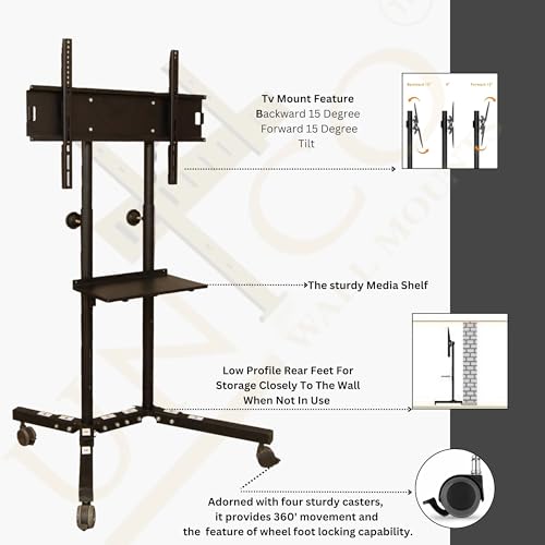 Image of Mobile TV Cart Floor Stand Rolling T.V Stand with Locking Wheels, Mobile Floor Cart for 23 to 75 Inch LED LCD Screens, Storage Tray Load Movable TV Bracket for LED /LCD /Plasma T.V