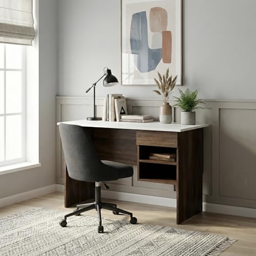 Image of Aris Study Table with Drawer & Storage Shelves, Modern Dual-Tone Office Desk for Home & Students, 116x57x72cm (Brown Maple & White)