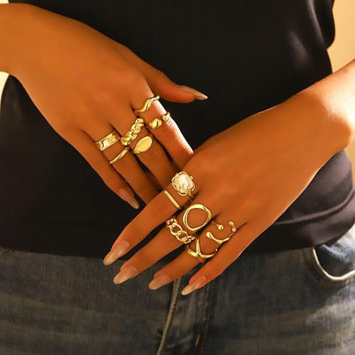 Chunky Gold Stackable Rings Set for Women,Vintage Knuckle Rings Dainty Hollow Carved Joint Finger Midi Rings Pack Adjustable Signet Rings Jewelry Mixed Size3