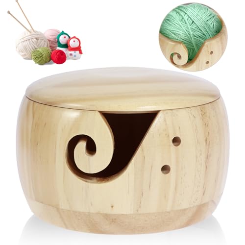 Image of Wooden Yarn Bowl with Lid, 6in Round Knitting Yarn Holder Bowl with Carved Holes,Crochet Bowl for Yarn,Pine Wood Weaving Thread Bowl, Yarn Storage Bowl for Crocheting Accessories (Wood color with