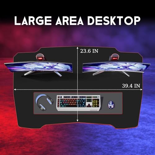 Image of 39 Inch Z-Shaped Computer Desk with Headset Hook - Ergonomic Small Gaming Table, MDF Desktop and Metal Frame, Red