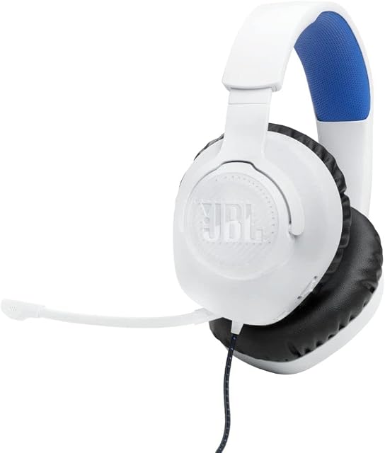 JBL Quantum 100P Wired Over-Ear Gaming Headset in White and Blue, with Detachable Boom Mic, Made for Playstation, Compatible with Other Consoles