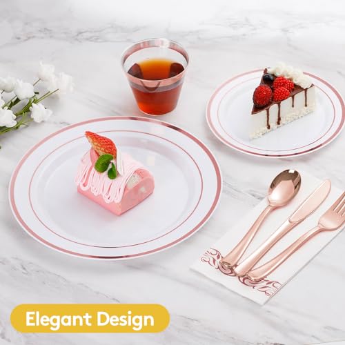 Goodluck 350 Pieces Rose Gold Dinnerware Set for 50 Guests, Plastic Plates Disposable for Party, Include: 50 Dinner Plates, 50 Dessert Plates, 50 Paper Napkins, 50 Cups, 50 Silverware Set by Goodluck - Image 3