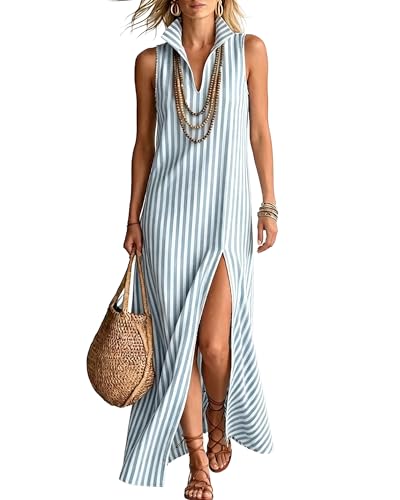 Stylish Classic Striped Stand-Collar Cotton-Linen Maxi Dress - Effortless Relaxed Fit Striped Maxi Dress for Women (US, Alpha, X-Large, Regular, Regular, Bule)