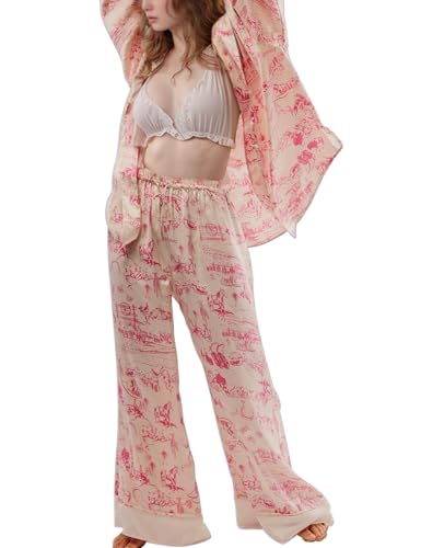 Image of Arssm Satin Pajama Set for Women Silk Pajamas Set 2 Piece Floral Pj Set Long Sleeve Button Down Pjs Sleepwear