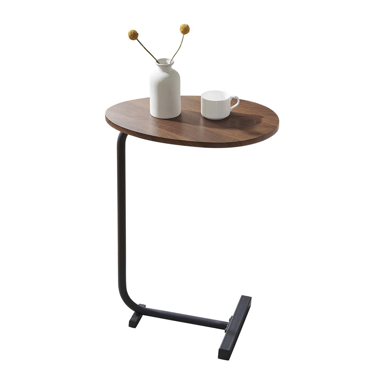 NICEME C-Shaped Sofa Side End Table for Living Room, Metal Base, Wood Tabletop (Oval, Brown Walnut)