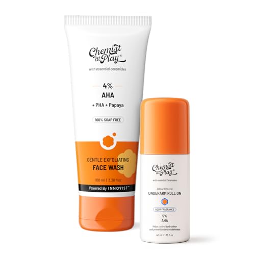 Image of Chemist At Play Gentle Exfoliating Face Wash & UnderArm Roll-On Combo | Instant Glow, Brightens & Exfoliates Skin | 5% AHA, Lactic Acid & Mandelic Acid | Alcohol-Free | For Men & Women | 100ml & 40ml