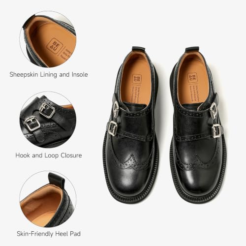 Image of BEAU TODAY Womens Leather Loafers, Monk Platform Loafer Shoes | Cowhide, Brogue Wingtip, Slip-on, Chunky Heel, Comfortable, Non-slip Durable, Business Casual Office Dress Shoes